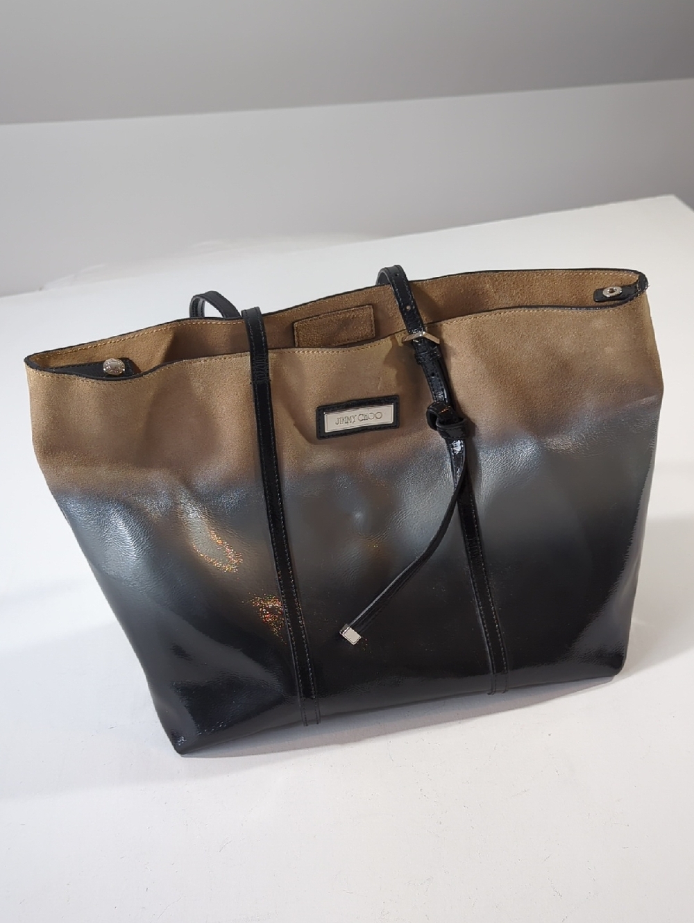 Jimmy Choo Sasha Degrade Suede Patent Leather Tote Tan-to-Black Ombre